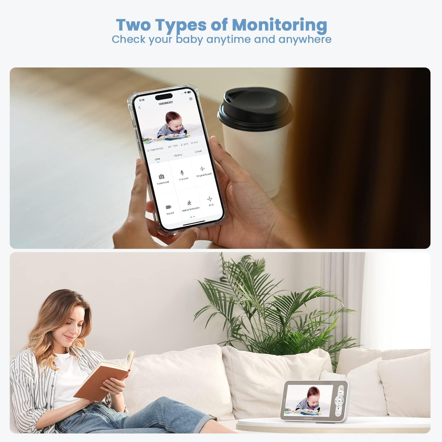ieGeek Baby 1T video monitor with monitor screen and cell phone two types of monitoring